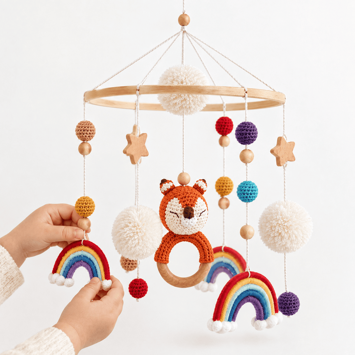 Baby Crib Mobile with Fox and Rainbows for Visual Development