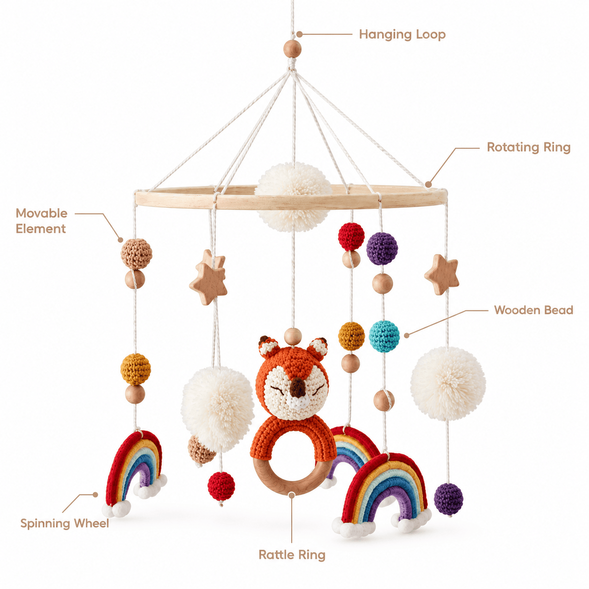 Baby Crib Mobile with Fox and Rainbows for Visual Development