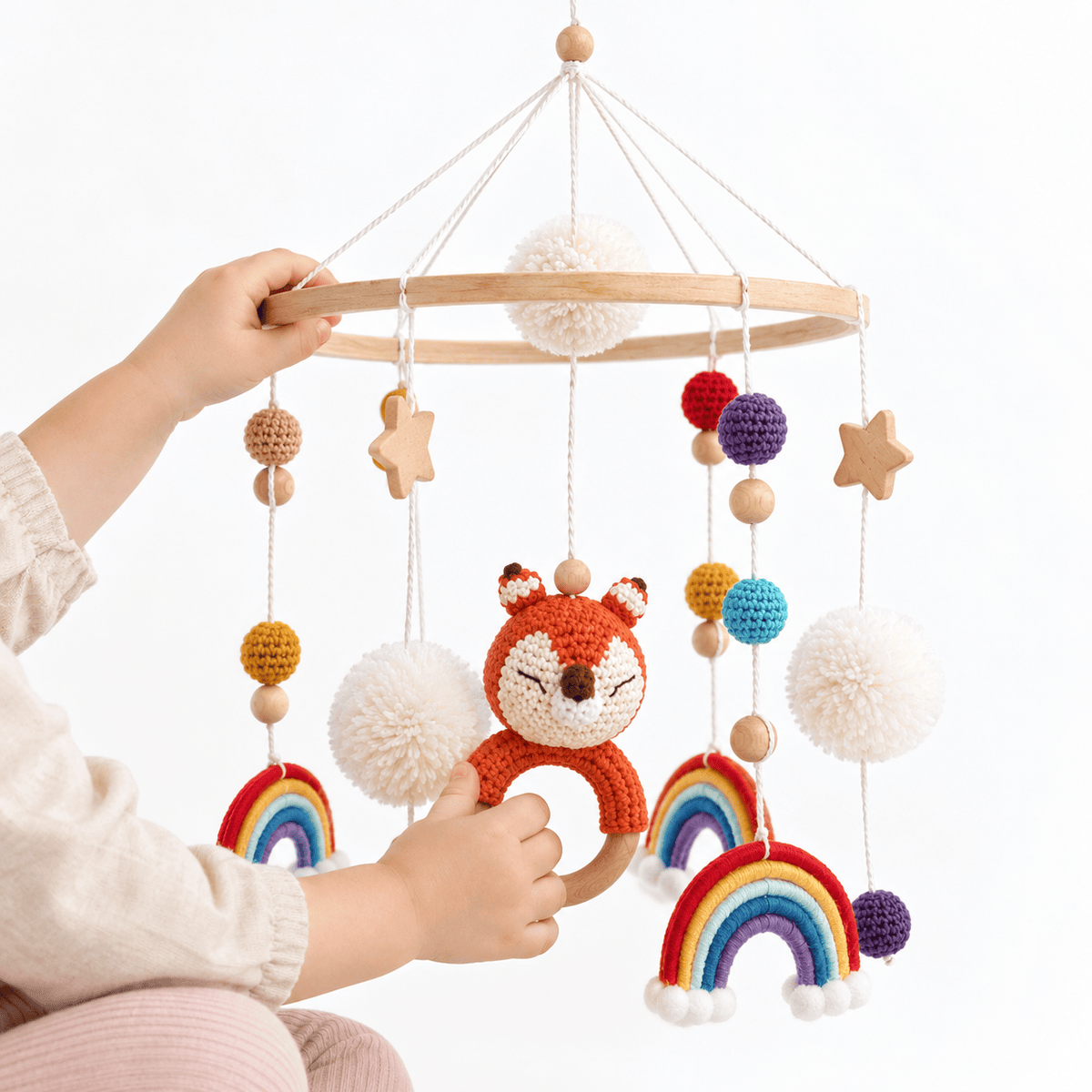 Baby Crib Mobile with Fox and Rainbows for Visual Development