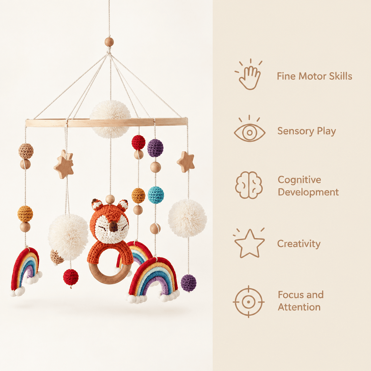 Baby Crib Mobile with Fox and Rainbows for Visual Development