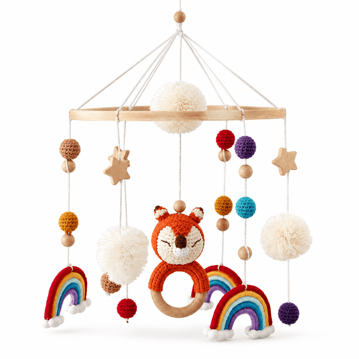 Baby Crib Mobile with Fox and Rainbows for Visual Development