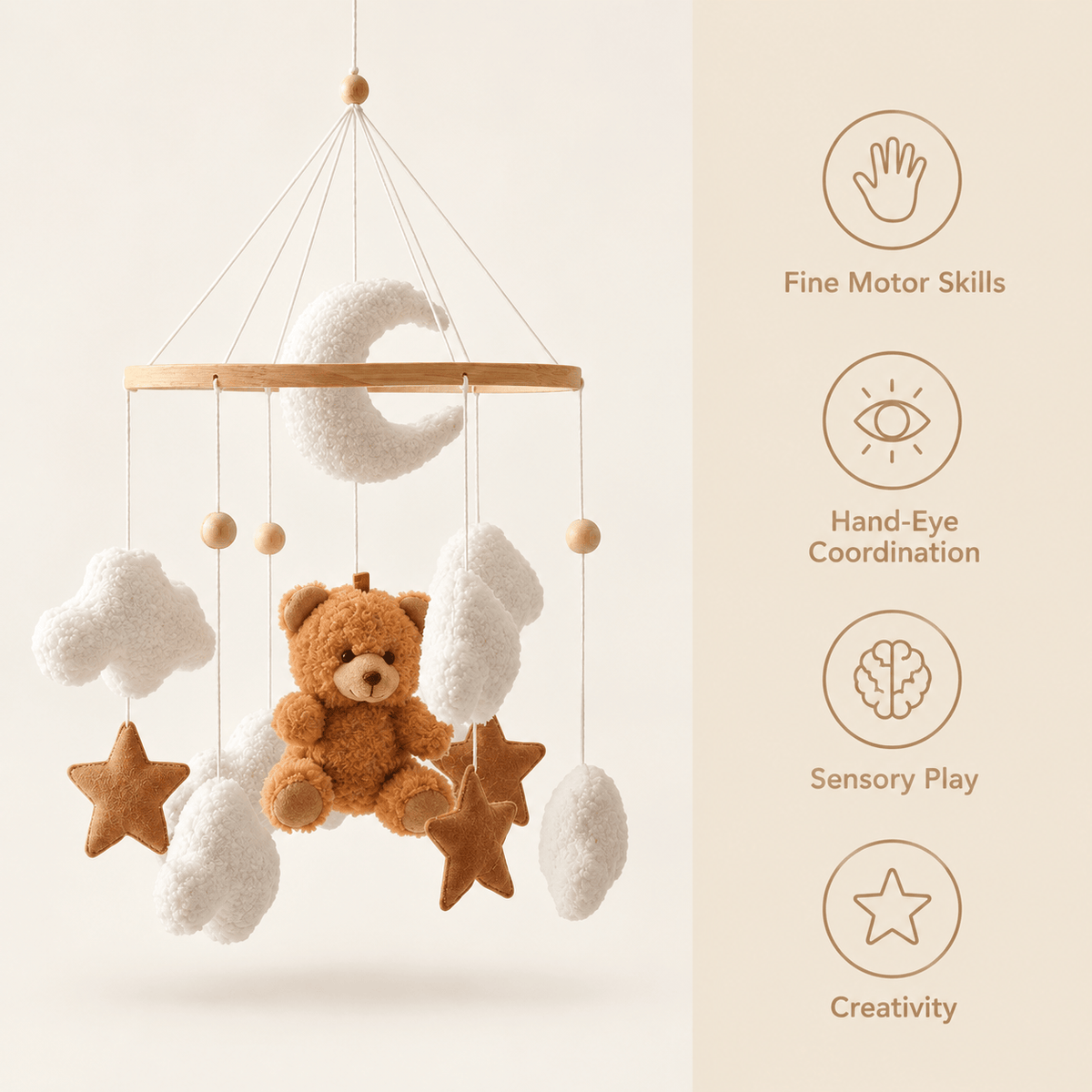 Baby Crib Mobile with Teddy Bear, Moon, Stars & Clouds for Nursery