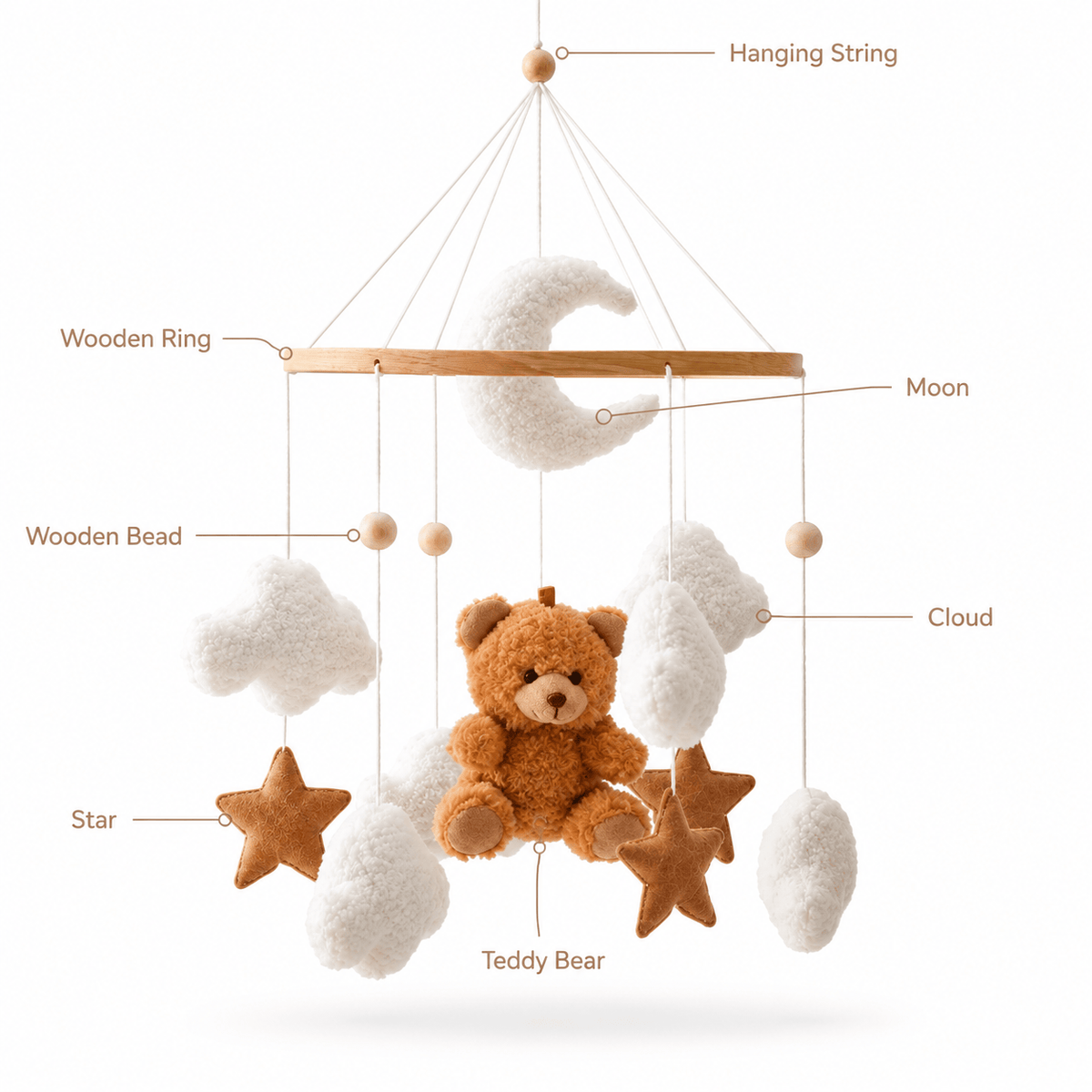 Baby Crib Mobile with Teddy Bear, Moon, Stars & Clouds for Nursery