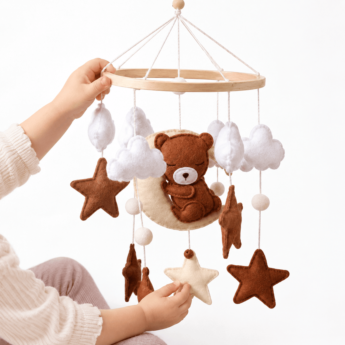 Baby Mobile with Bear and Stars - Montessori Sensory Crib Toy