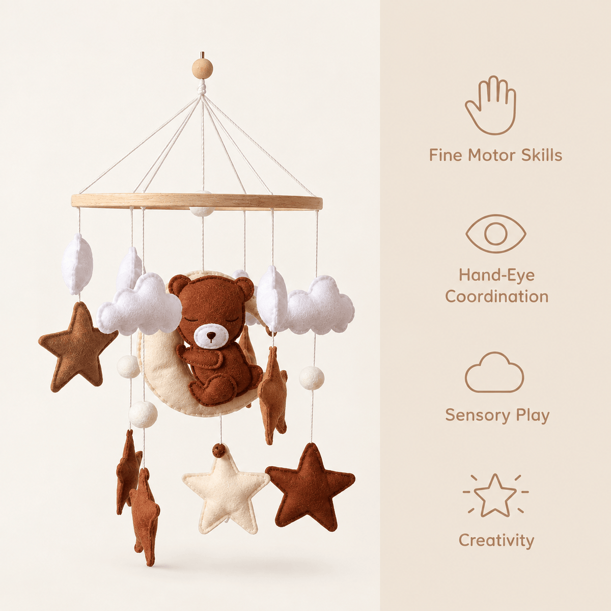 Baby Mobile with Bear and Stars - Montessori Sensory Crib Toy