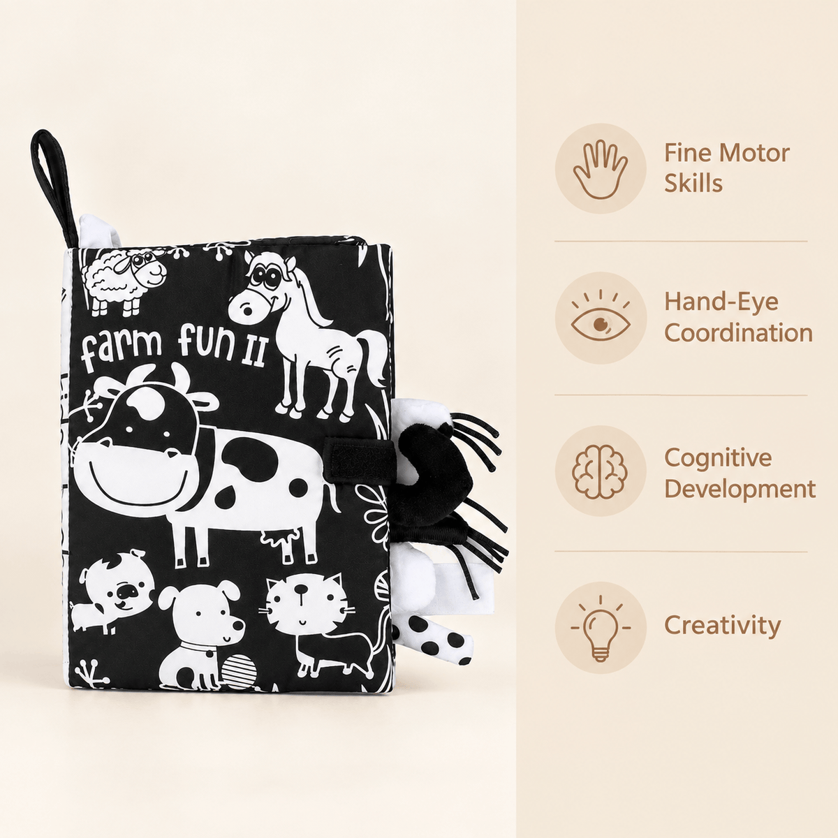 Black and White Farm Animals Sensory Cloth Book for Babies