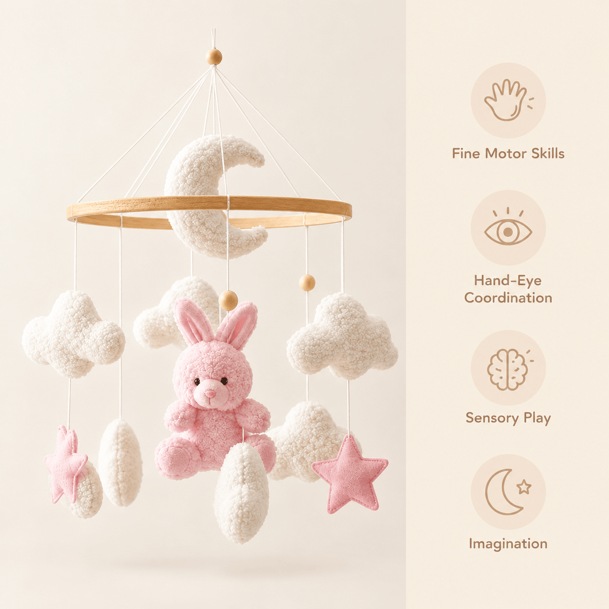 Bunny Baby Mobile with Clouds and Stars for Nursery Decoration