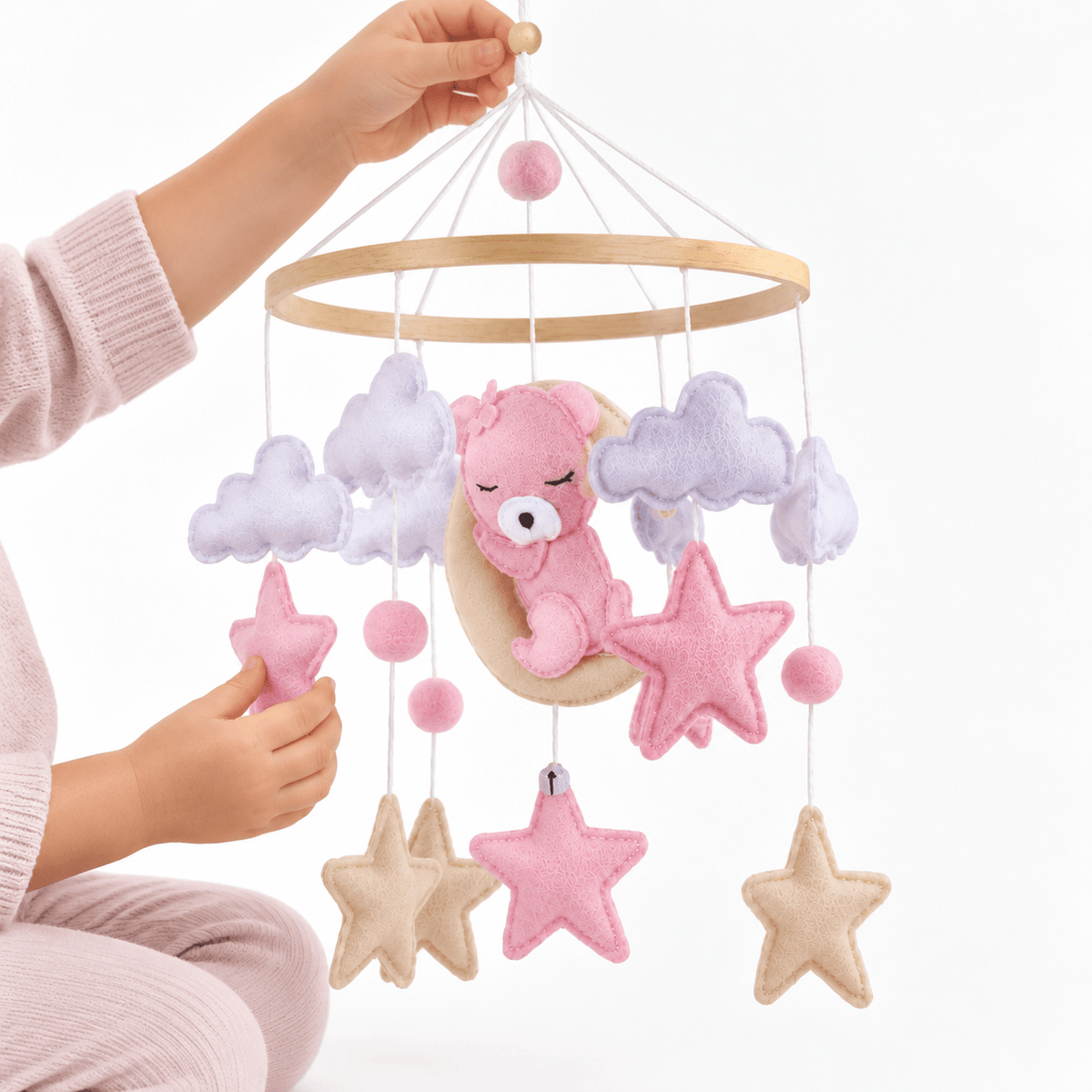 Felt Nursery Mobile with Bear, Stars & Clouds for Babies