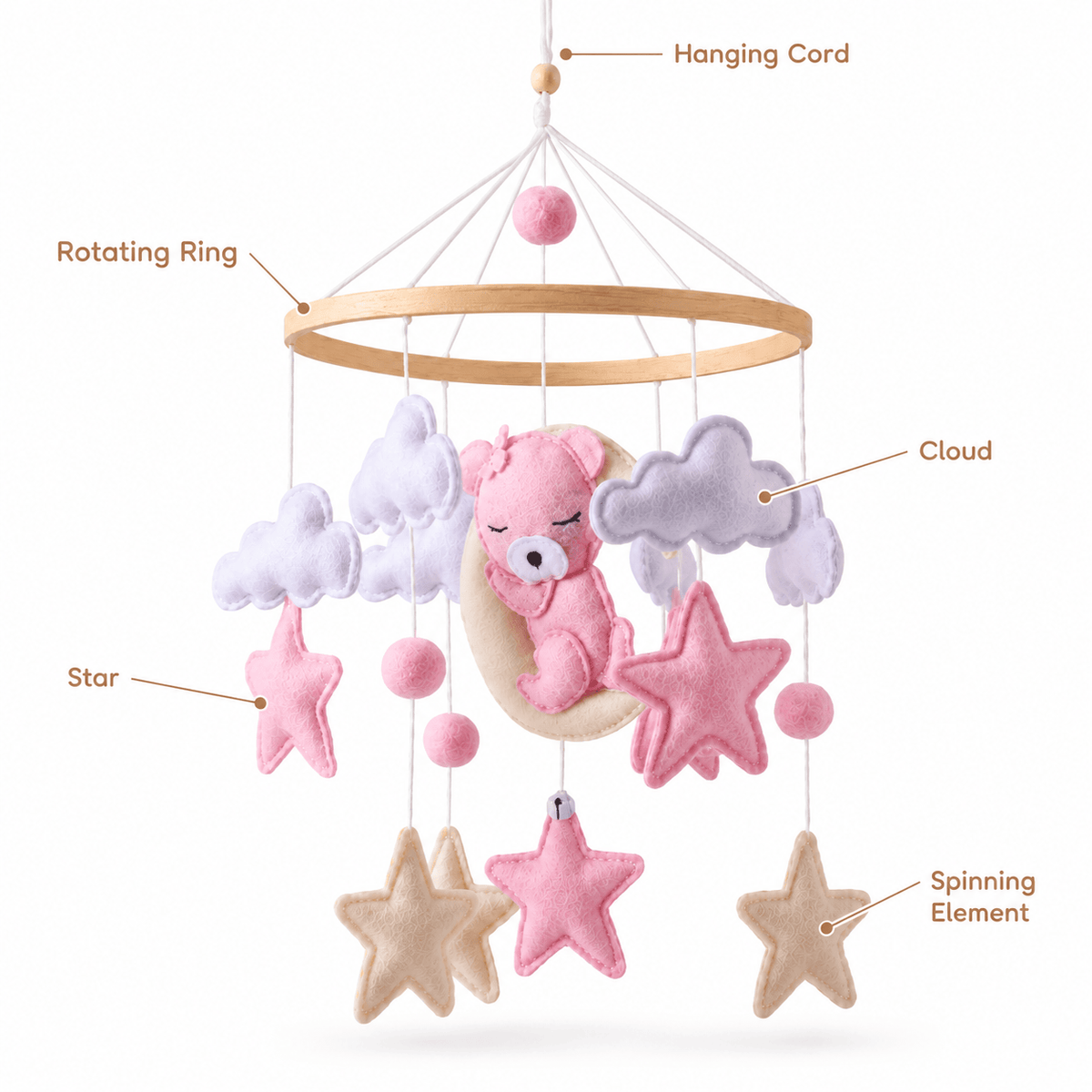 Felt Nursery Mobile with Bear, Stars & Clouds for Babies