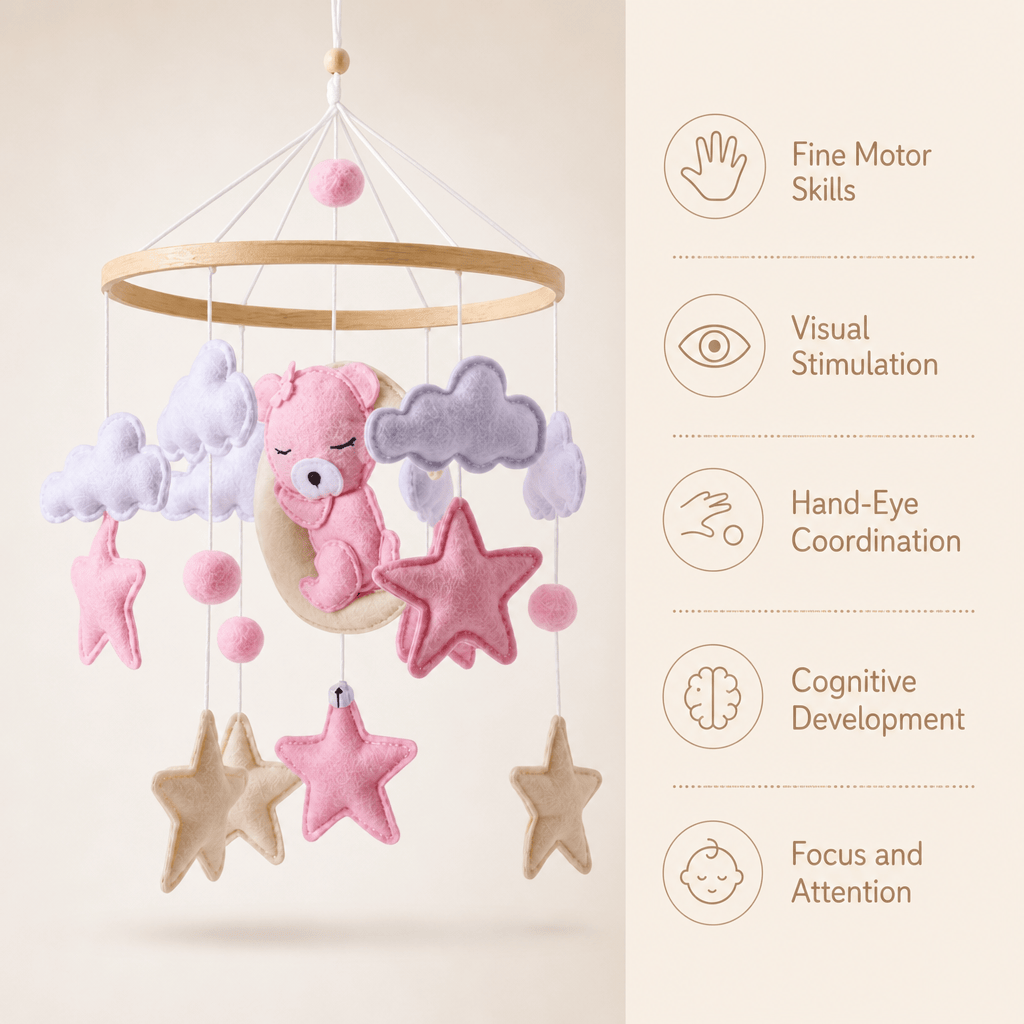 Felt Nursery Mobile with Bear, Stars & Clouds for Babies