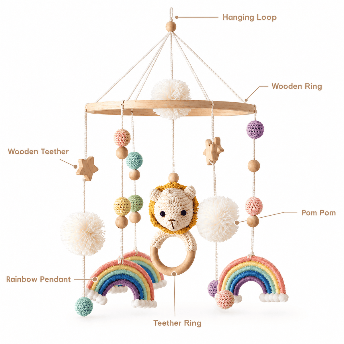 Montessori Baby Crib Mobile with Lion and Rainbow - Wooden Nursery