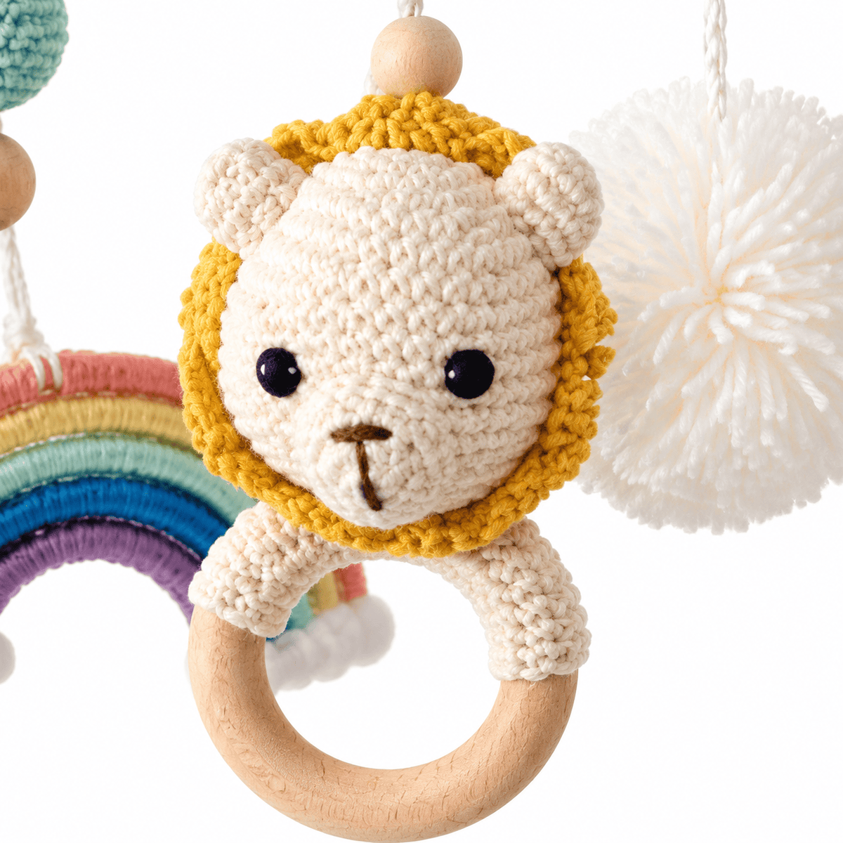 Montessori Baby Crib Mobile with Lion and Rainbow - Wooden Nursery