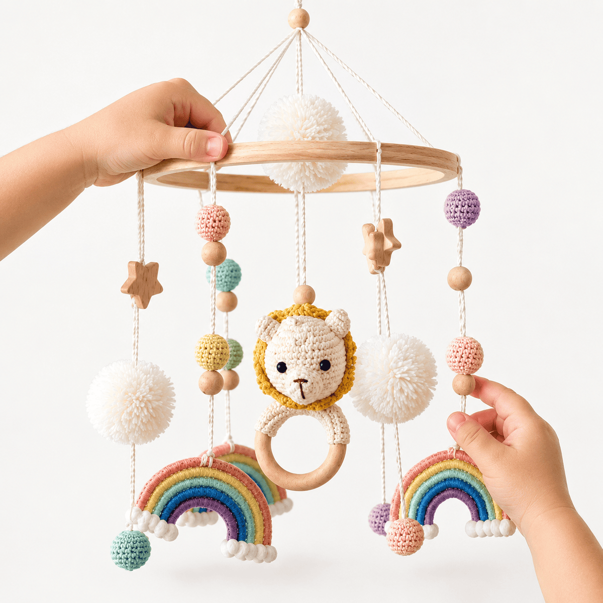 Montessori Baby Crib Mobile with Lion and Rainbow - Wooden Nursery