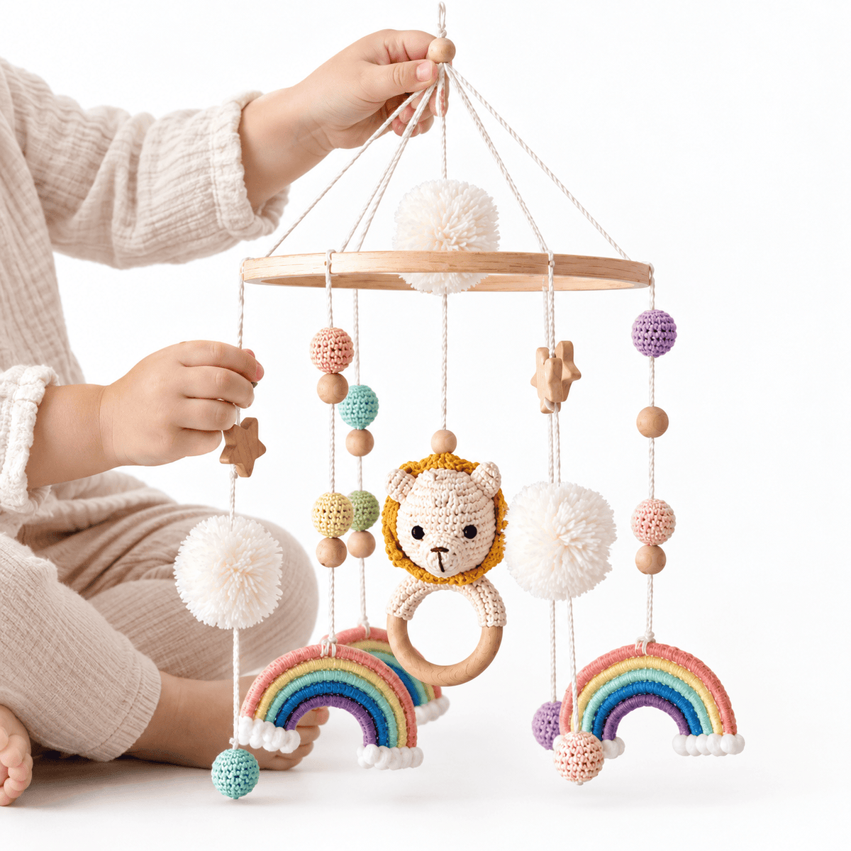 Montessori Baby Crib Mobile with Lion and Rainbow - Wooden Nursery