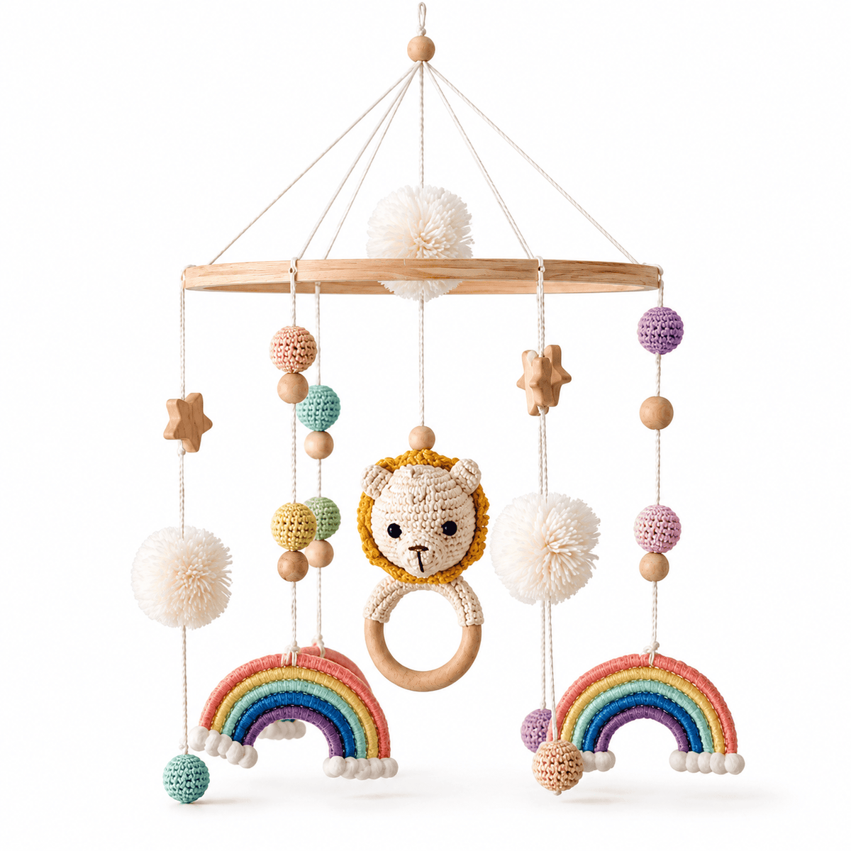 Montessori Baby Crib Mobile with Lion and Rainbow - Wooden Nursery