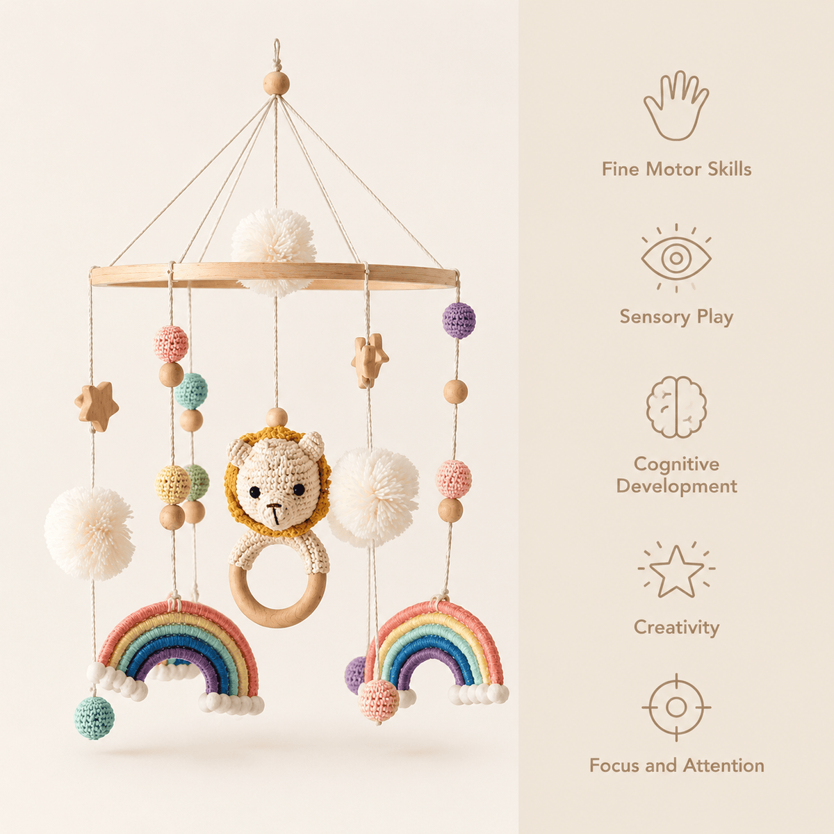 Montessori Baby Crib Mobile with Lion and Rainbow - Wooden Nursery