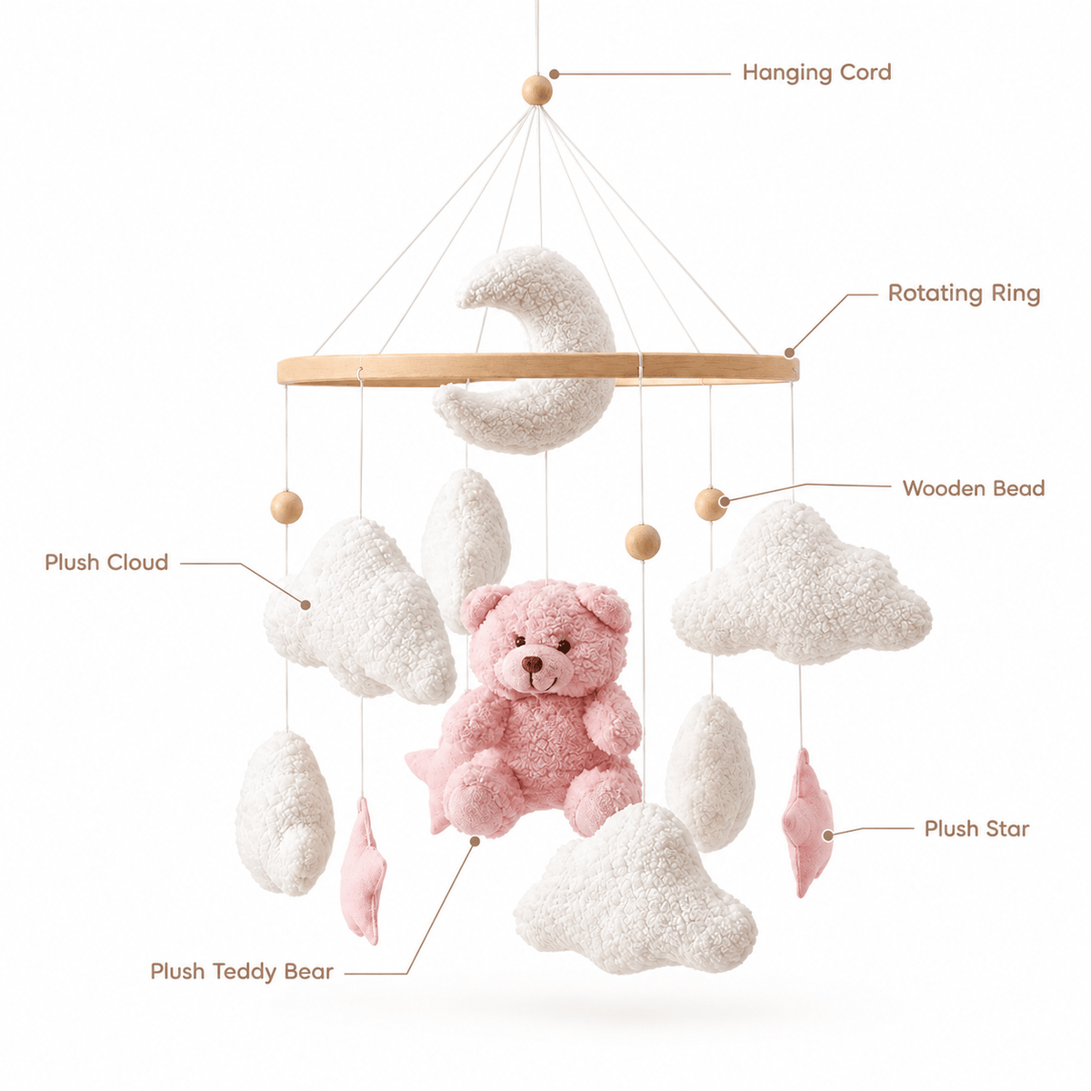 Montessori Baby Crib Mobile with Teddy Bear – Soft Soothing Nursery
