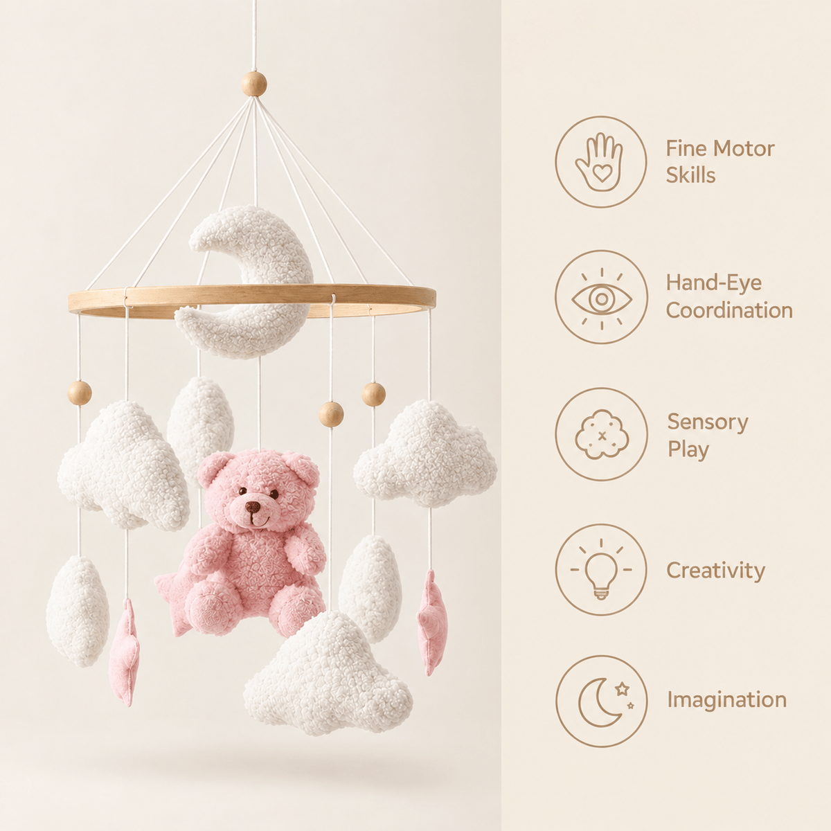 Montessori Baby Crib Mobile with Teddy Bear – Soft Soothing Nursery