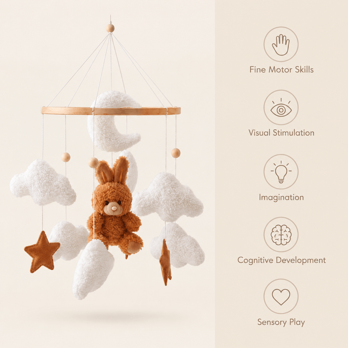 Montessori Baby Mobile with Bunny, Clouds & Stars for Nursery