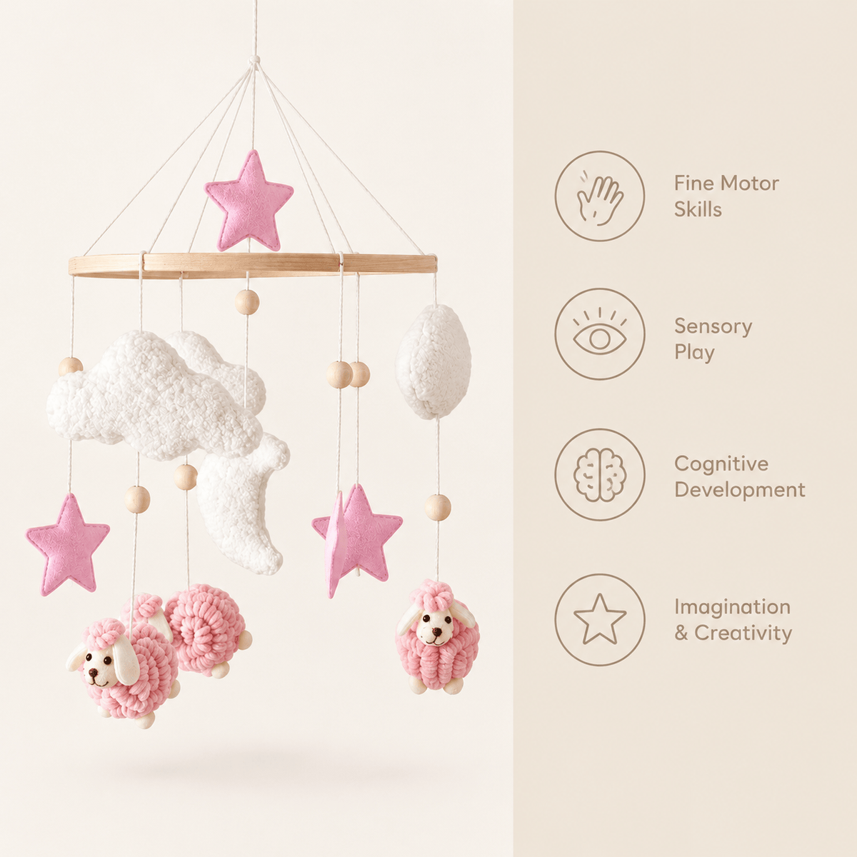 Montessori Baby Mobile with Sheep, Stars & Moon for Nursery Décor