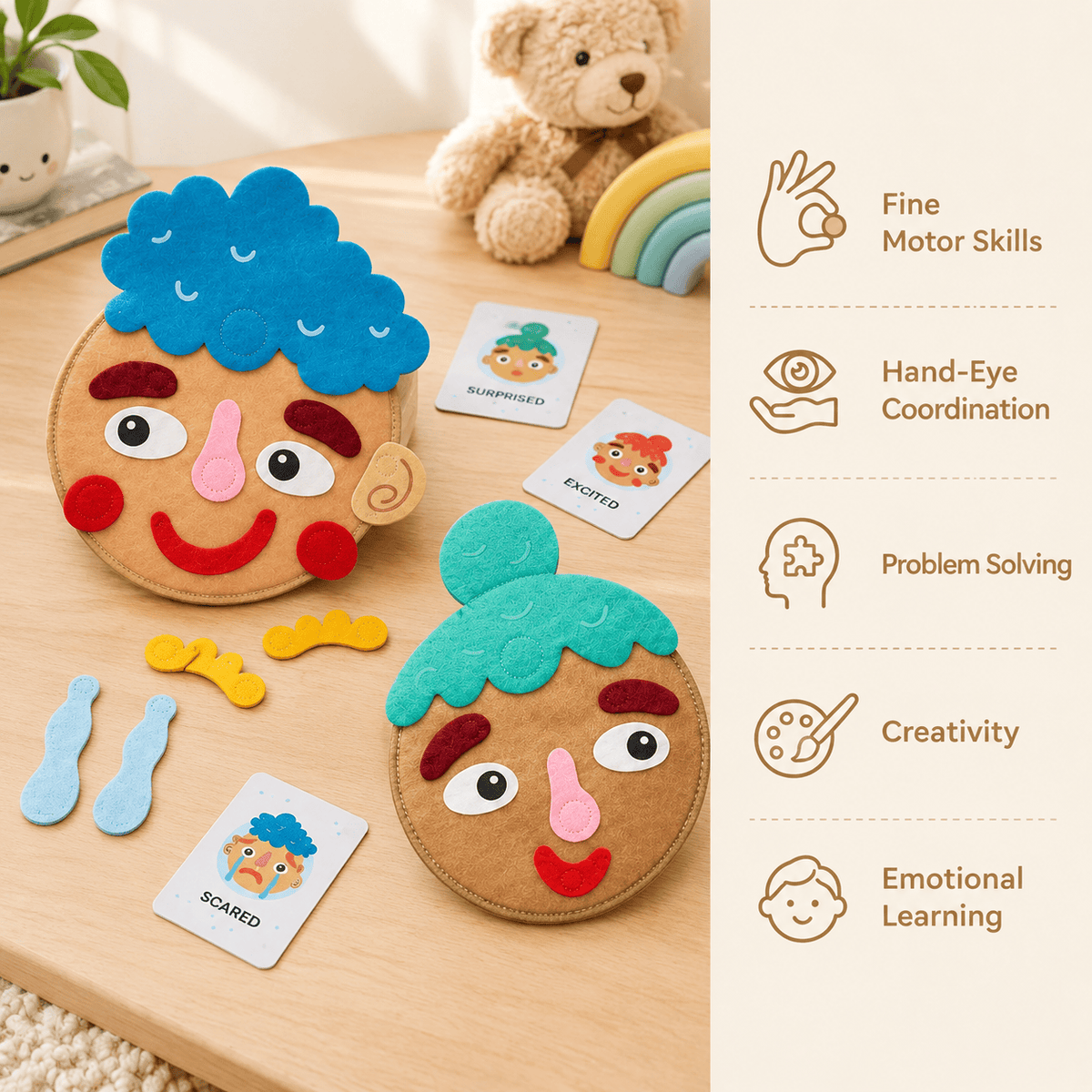 Montessori Emotion Learning Toy with Changeable Felt Faces for Kids