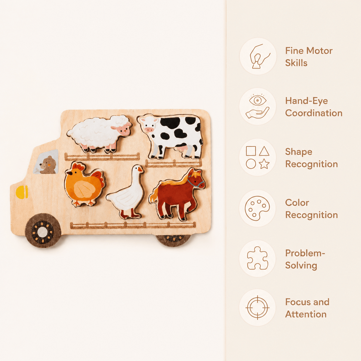Montessori Farm Animal Puzzle – Wooden Shape Sorter for Toddlers