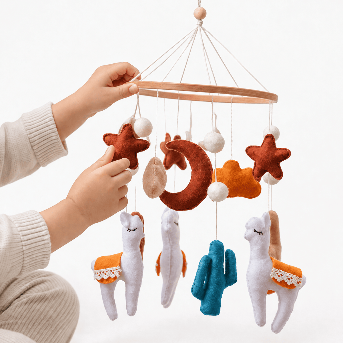 Montessori Llama Baby Crib Mobile with Felt Animals for Nursery Decor