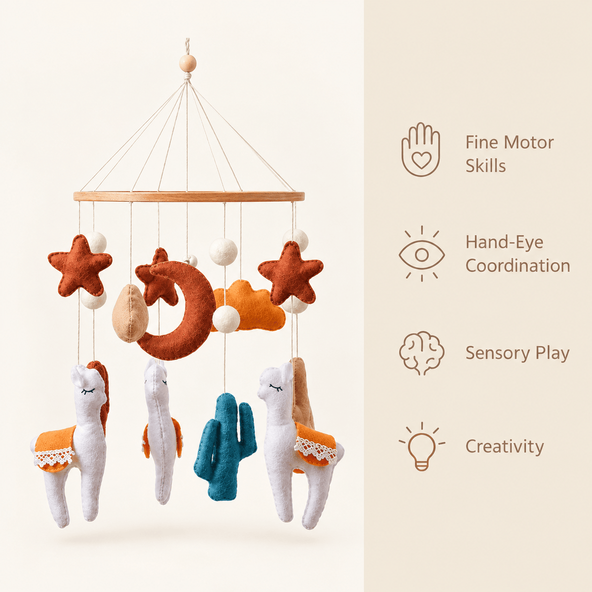 Montessori Llama Baby Crib Mobile with Felt Animals for Nursery Decor