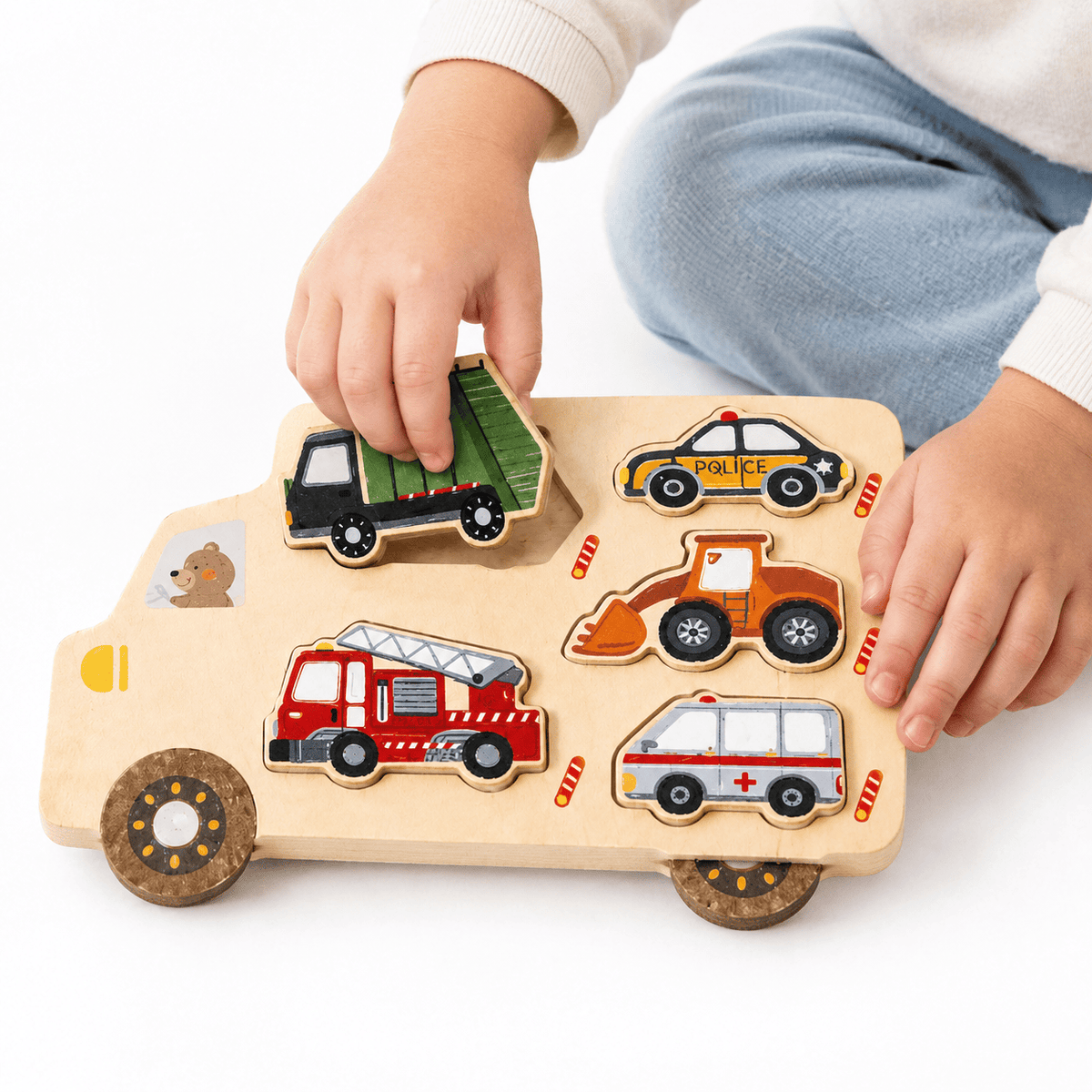 Montessori Vehicle Shape Puzzle with 5 Wooden Pieces for Toddlers