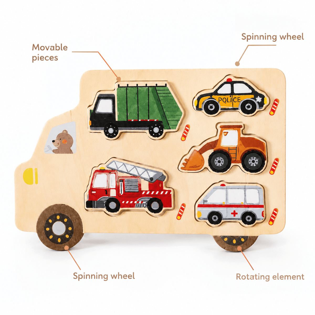 Montessori Vehicle Shape Puzzle with 5 Wooden Pieces for Toddlers