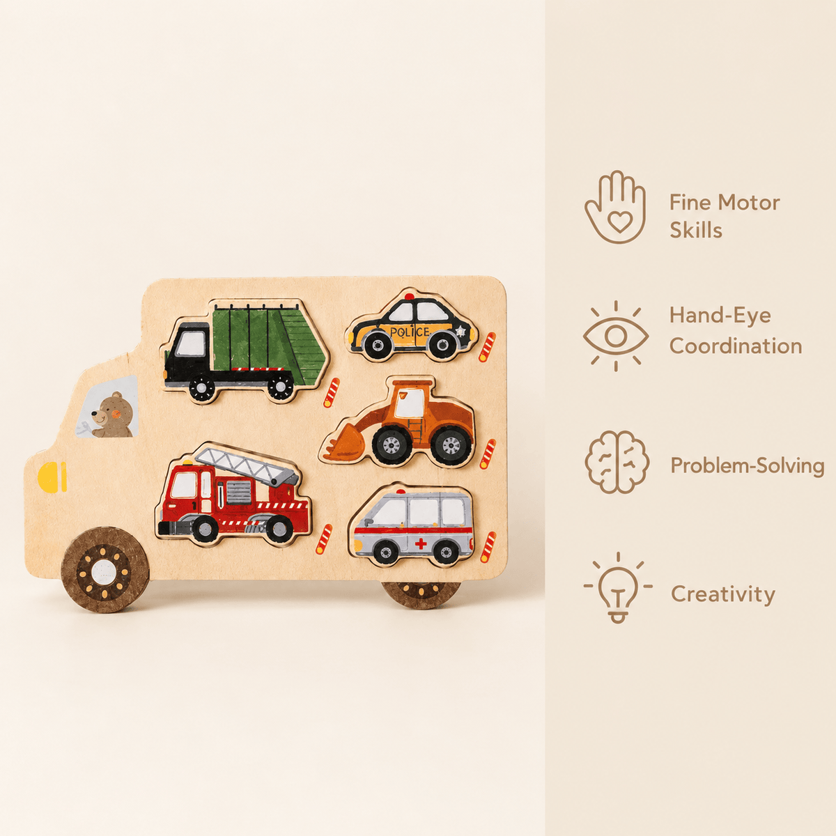 Montessori Vehicle Shape Puzzle with 5 Wooden Pieces for Toddlers