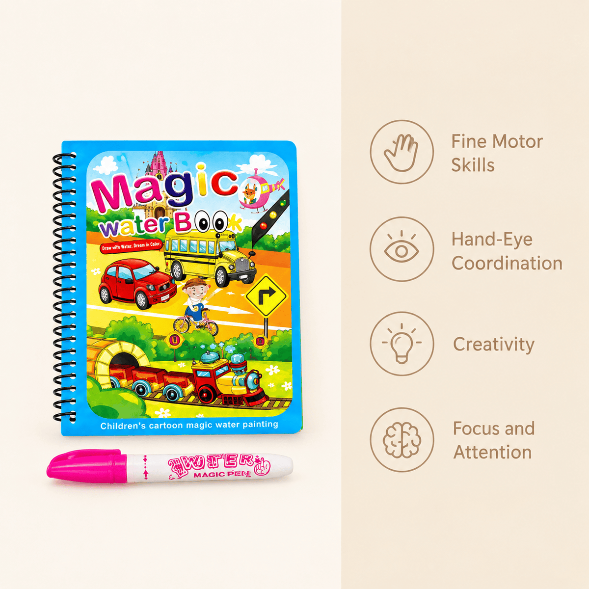 Montessori Water Coloring Book with Vehicles for Toddlers