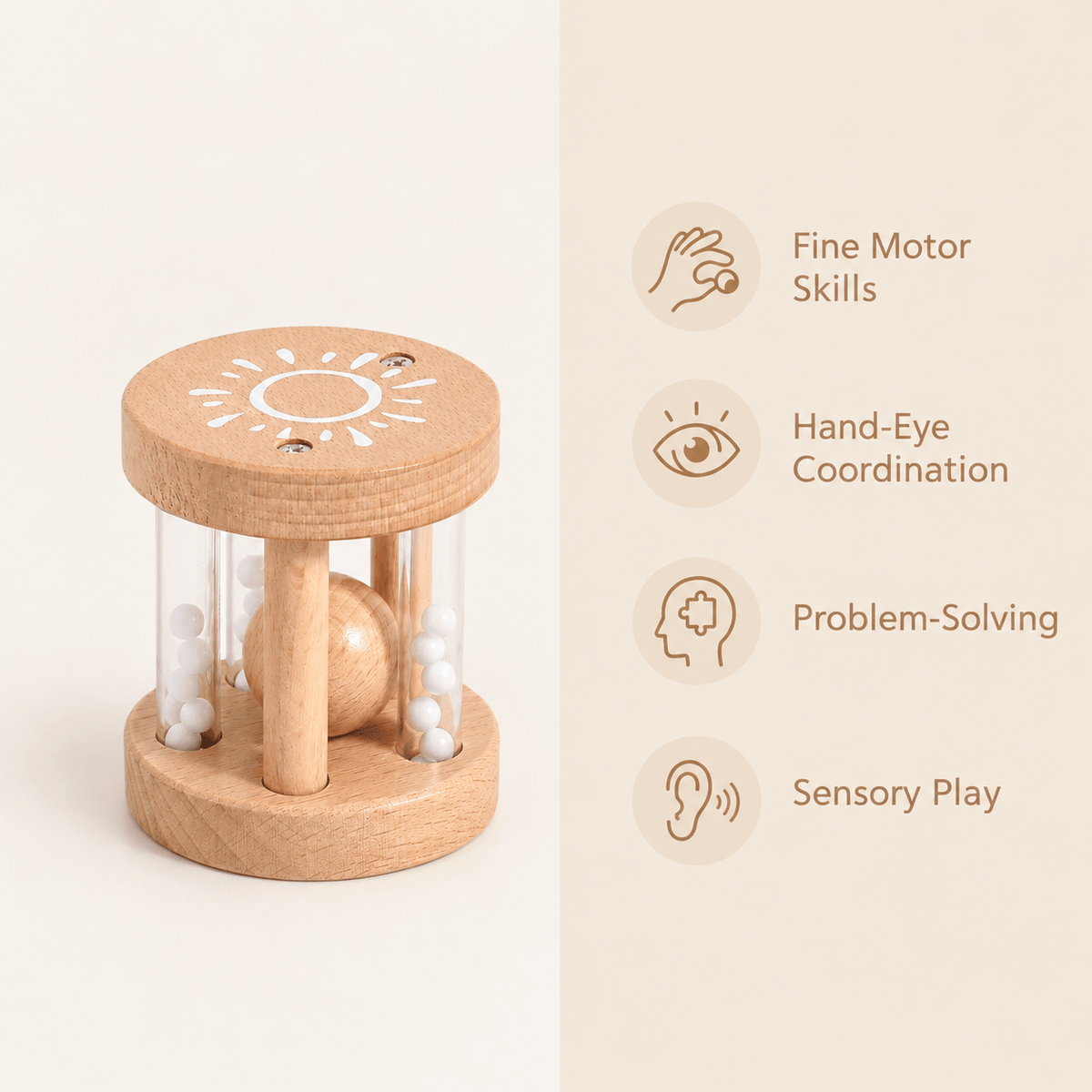 Montessori Wooden Baby Rattle with Beads for Sensory Development