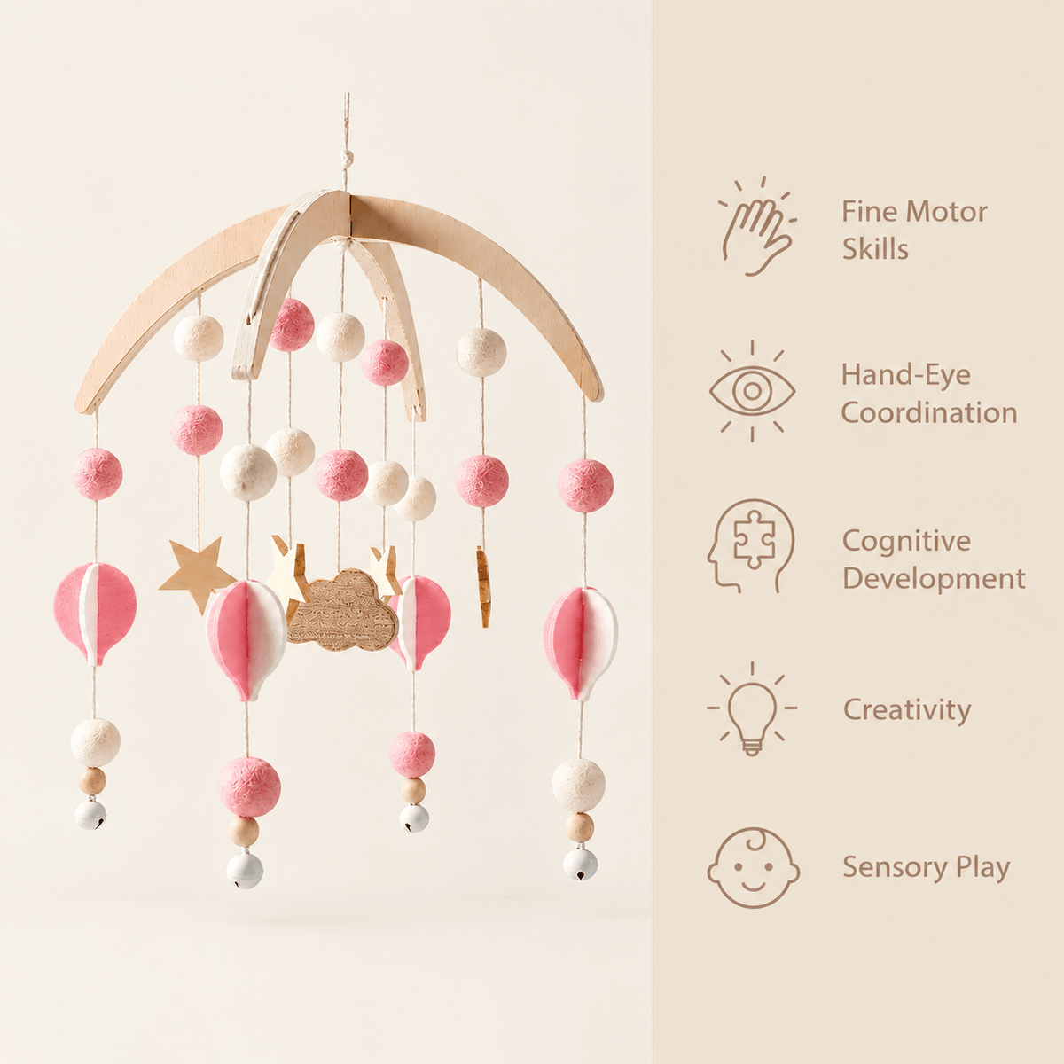 Montessori Wooden Crib Mobile with Felt Balls for Babies