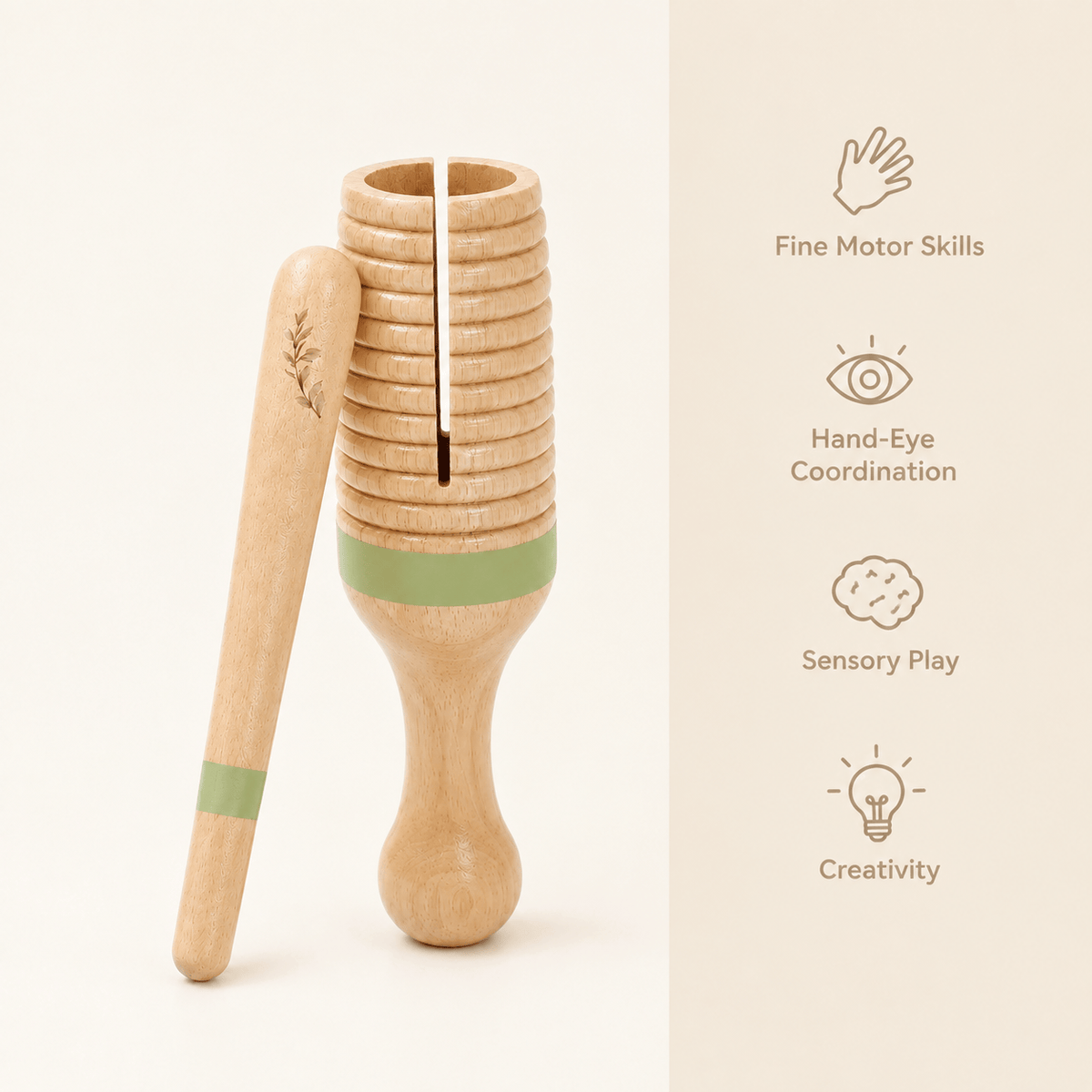 Montessori Wooden Musical Rattle with Ridges for Babies & Toddlers