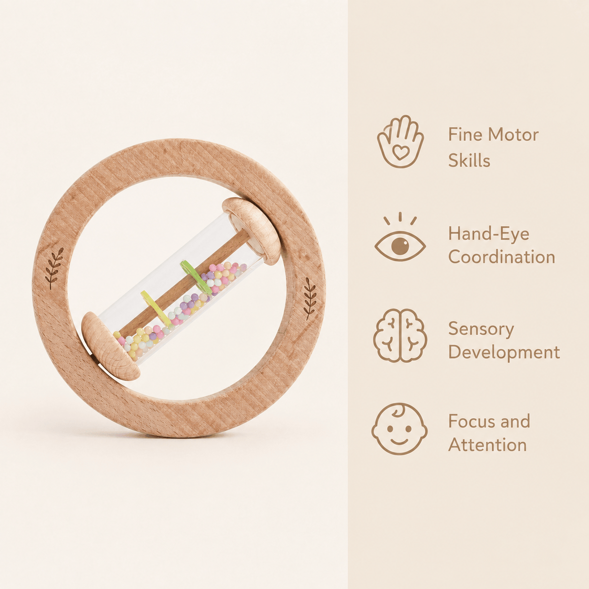 Montessori Wooden Rain Rattle for Babies - Sensory Sound Toy