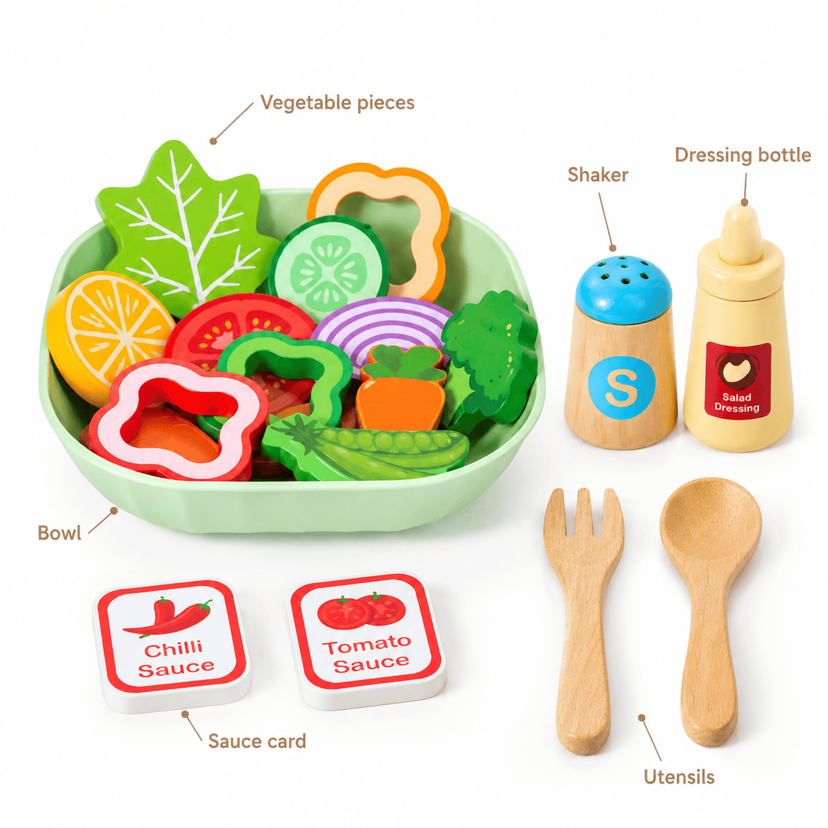 Montessori Wooden Salad Play Set for Kids - Kitchen Pretend Play Toy