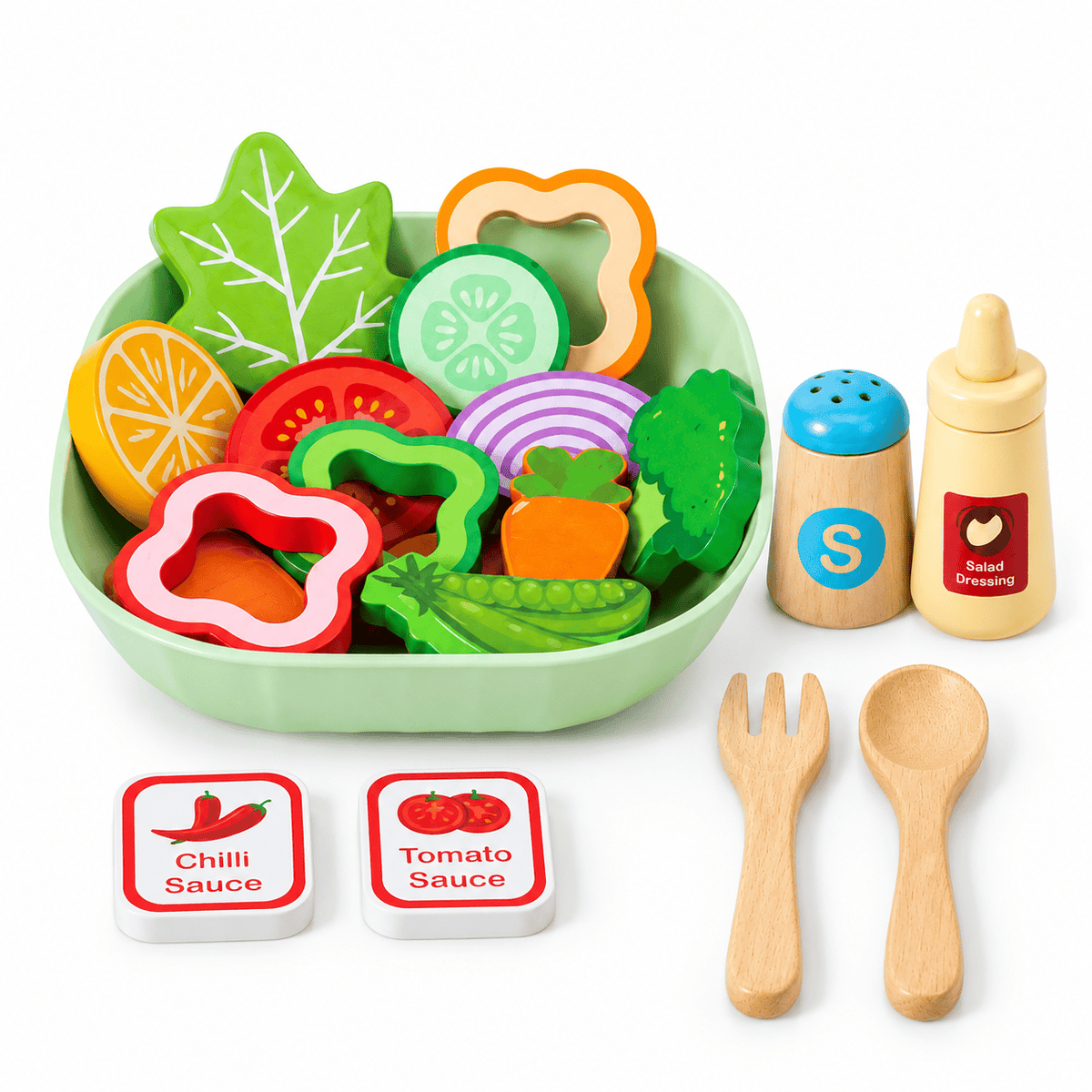 Montessori Wooden Salad Play Set for Kids - Kitchen Pretend Play Toy