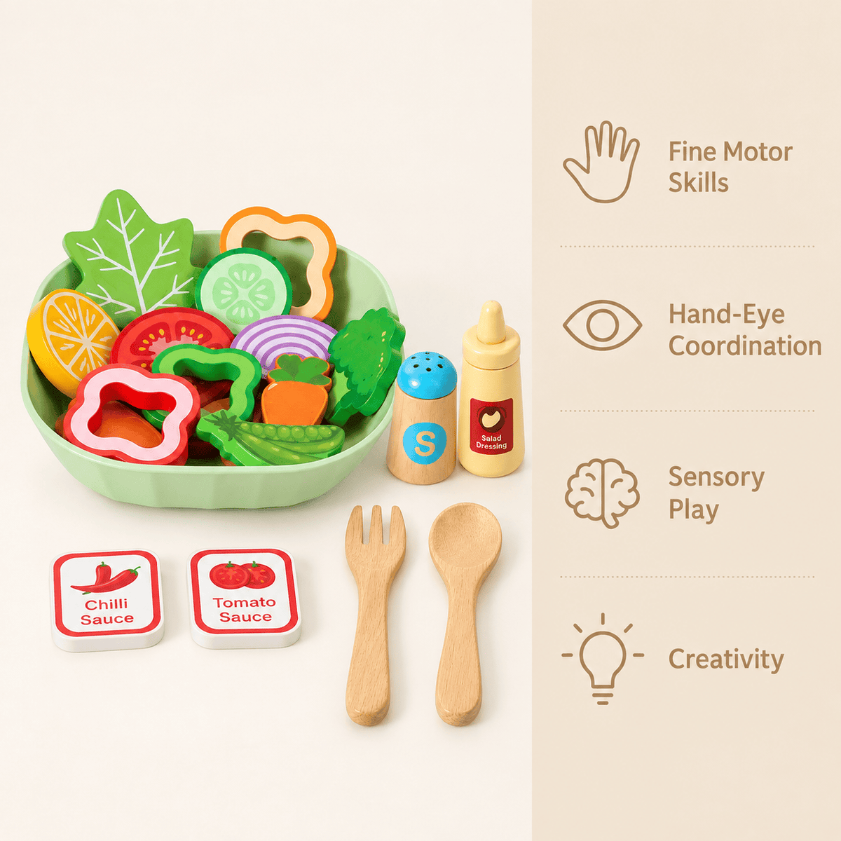Montessori Wooden Salad Play Set for Kids - Kitchen Pretend Play Toy