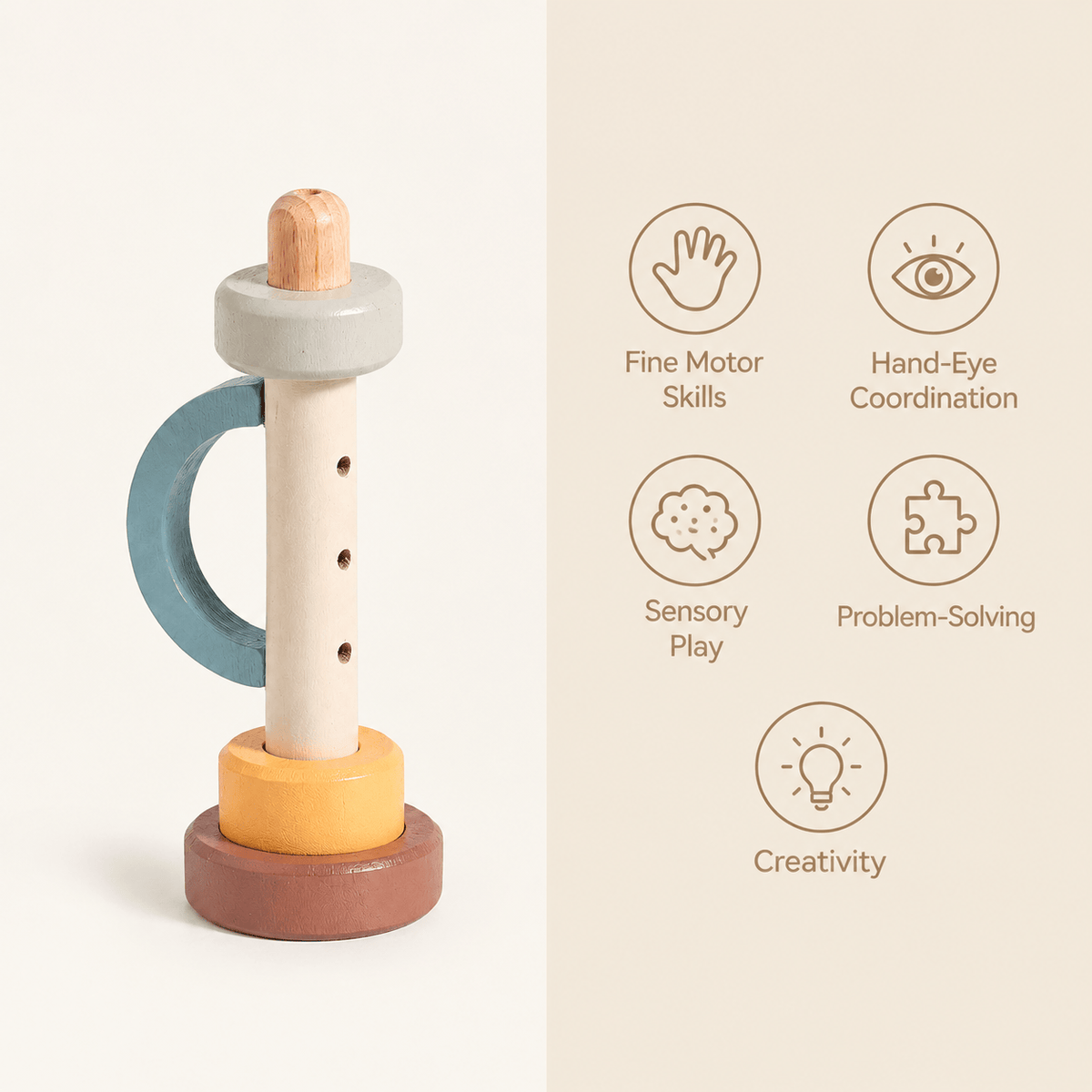 Montessori Wooden Stacking Toy with Rotating Rings for Toddlers