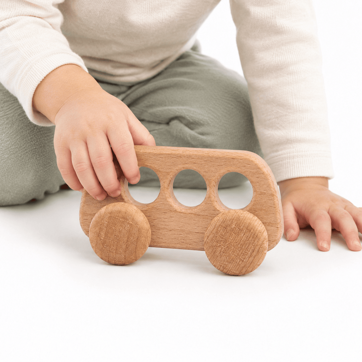 Montessori Wooden Toy Bus with Rolling Wheels for Toddlers