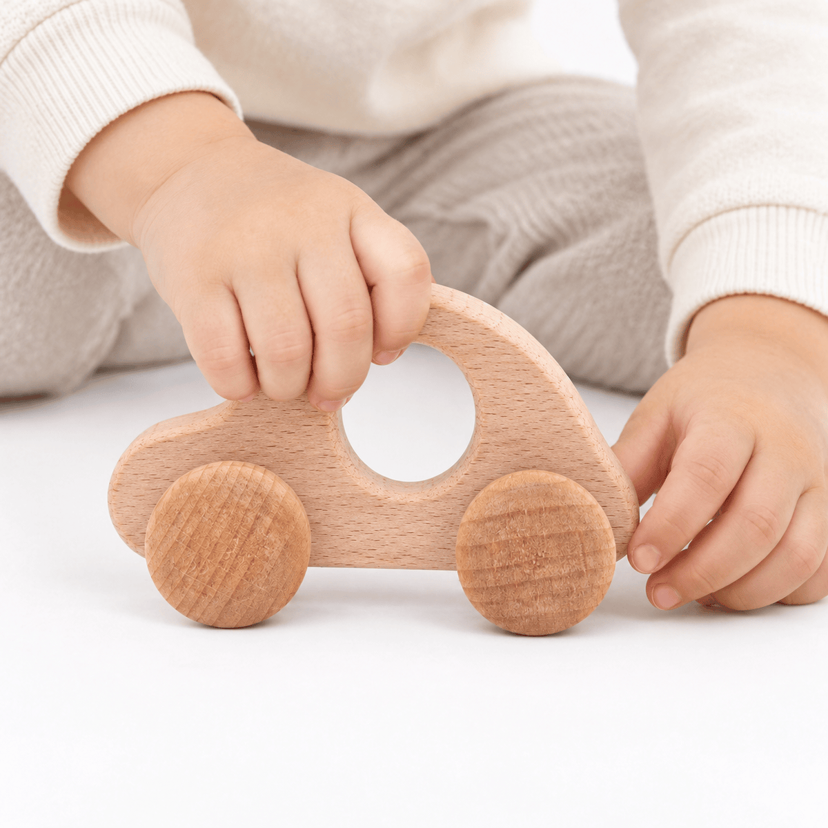 Montessori Wooden Toy Car with Grip Hole for Toddlers & Babies