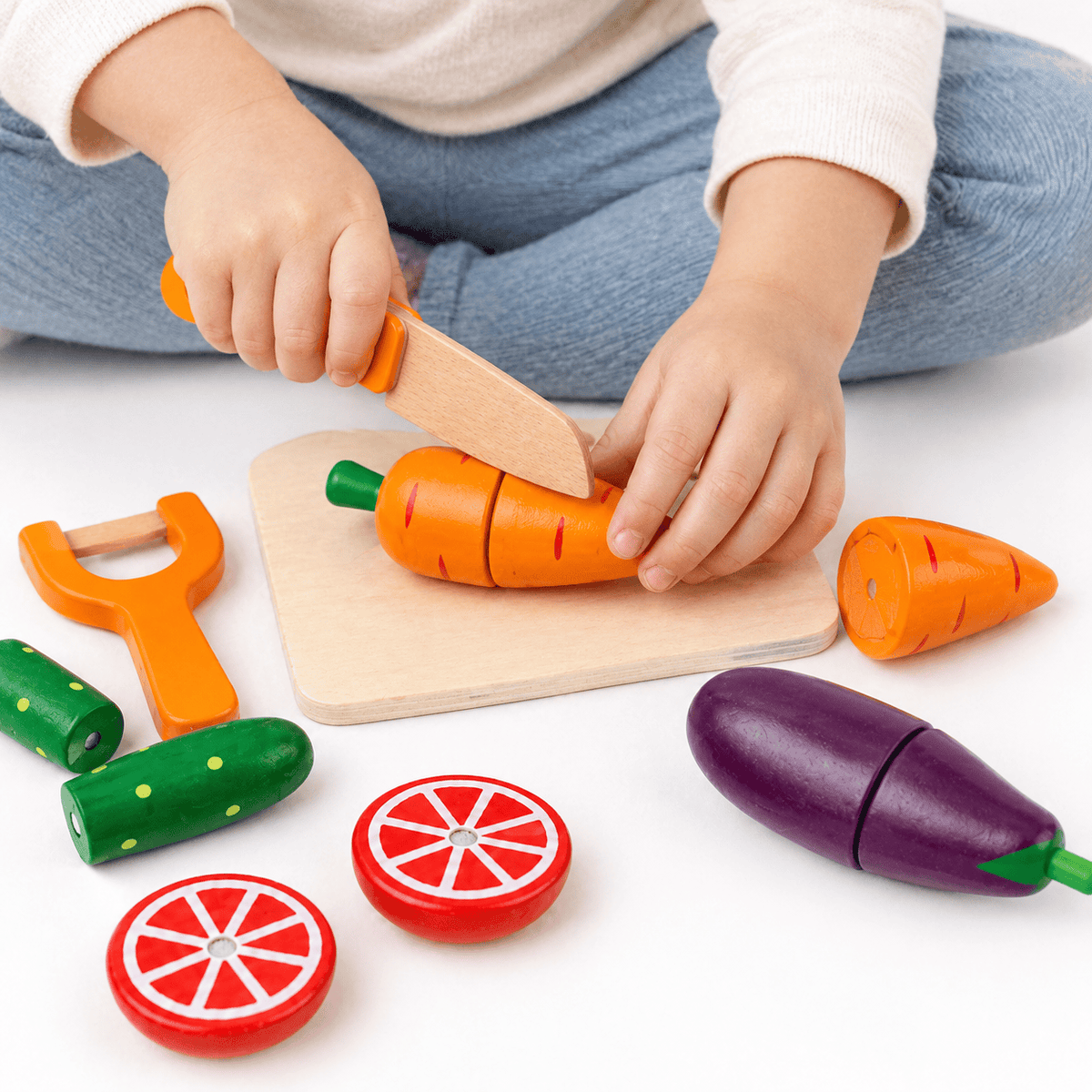 Montessori Wooden Vegetable Cutting Toy Set for Toddlers - Kitchen Pla