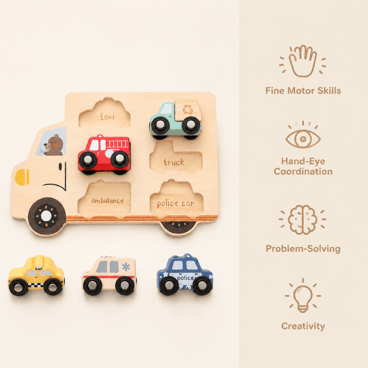 Montessori Wooden Vehicle Shape Sorting Puzzle for Toddlers