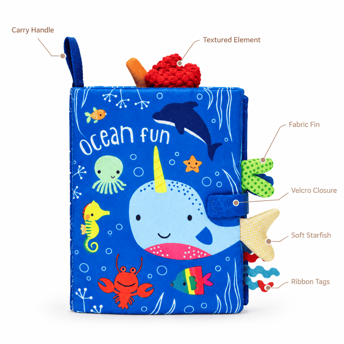 Ocean Sensory Cloth Book with Interactive Tabs for Babies