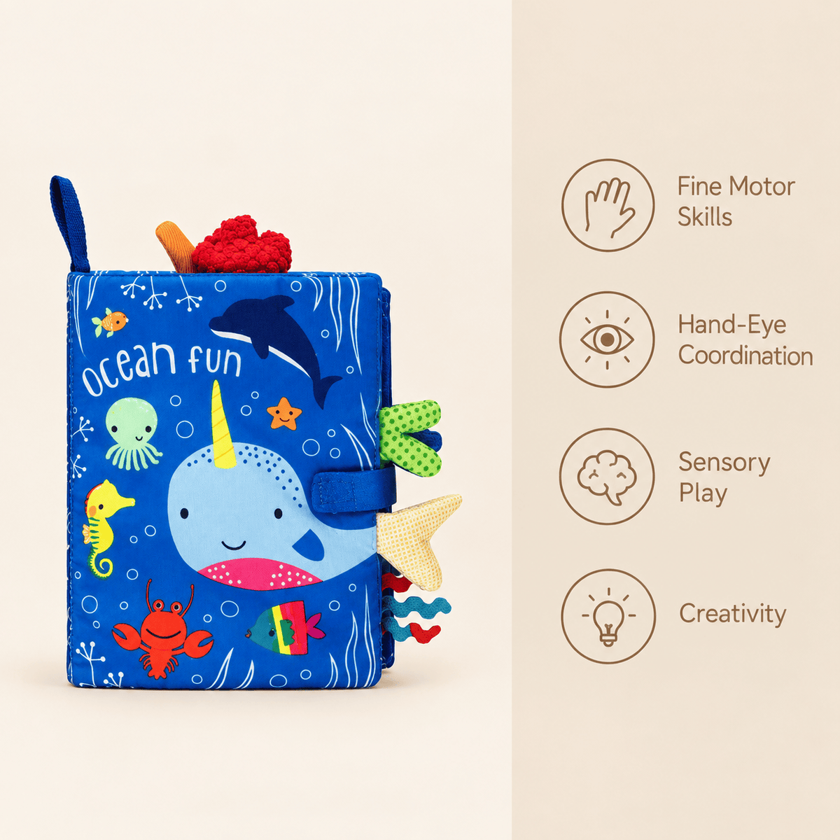 Ocean Sensory Cloth Book with Interactive Tabs for Babies