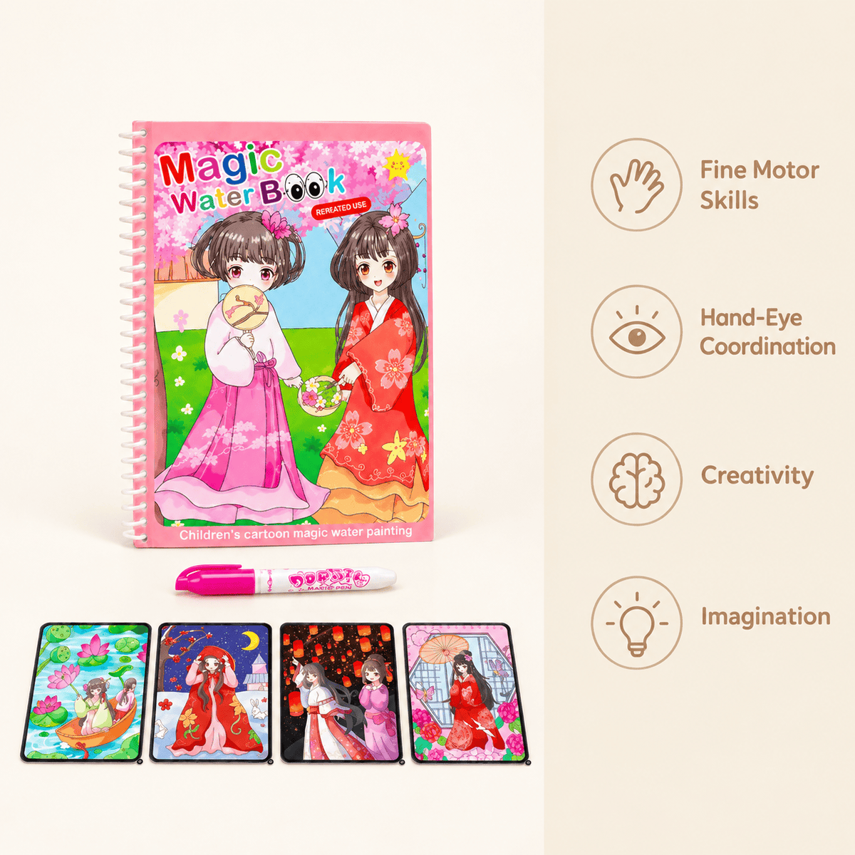 Reusable Water Coloring Book with Asian Designs for Toddlers