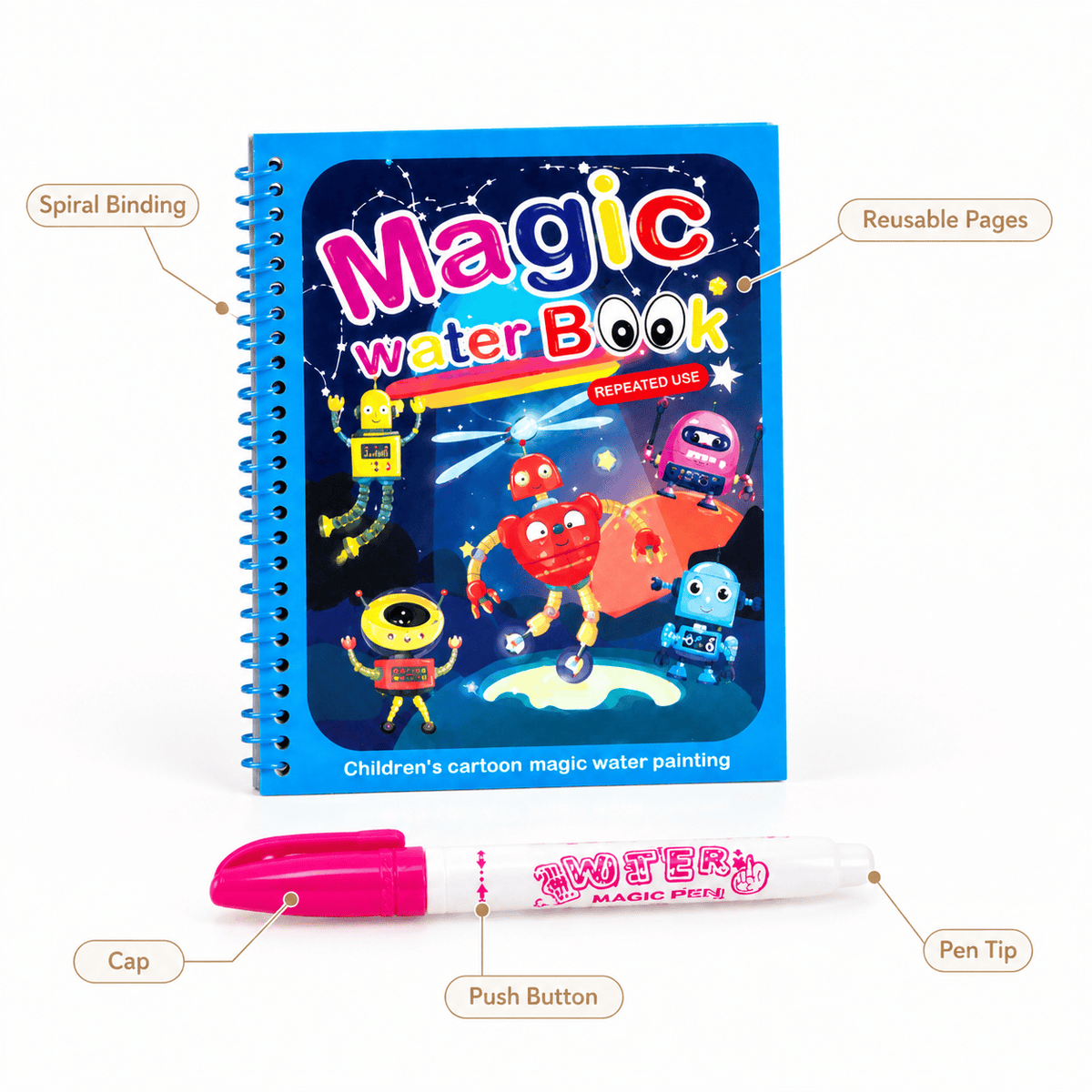 Reusable Water Coloring Book with Robot Theme for Toddlers