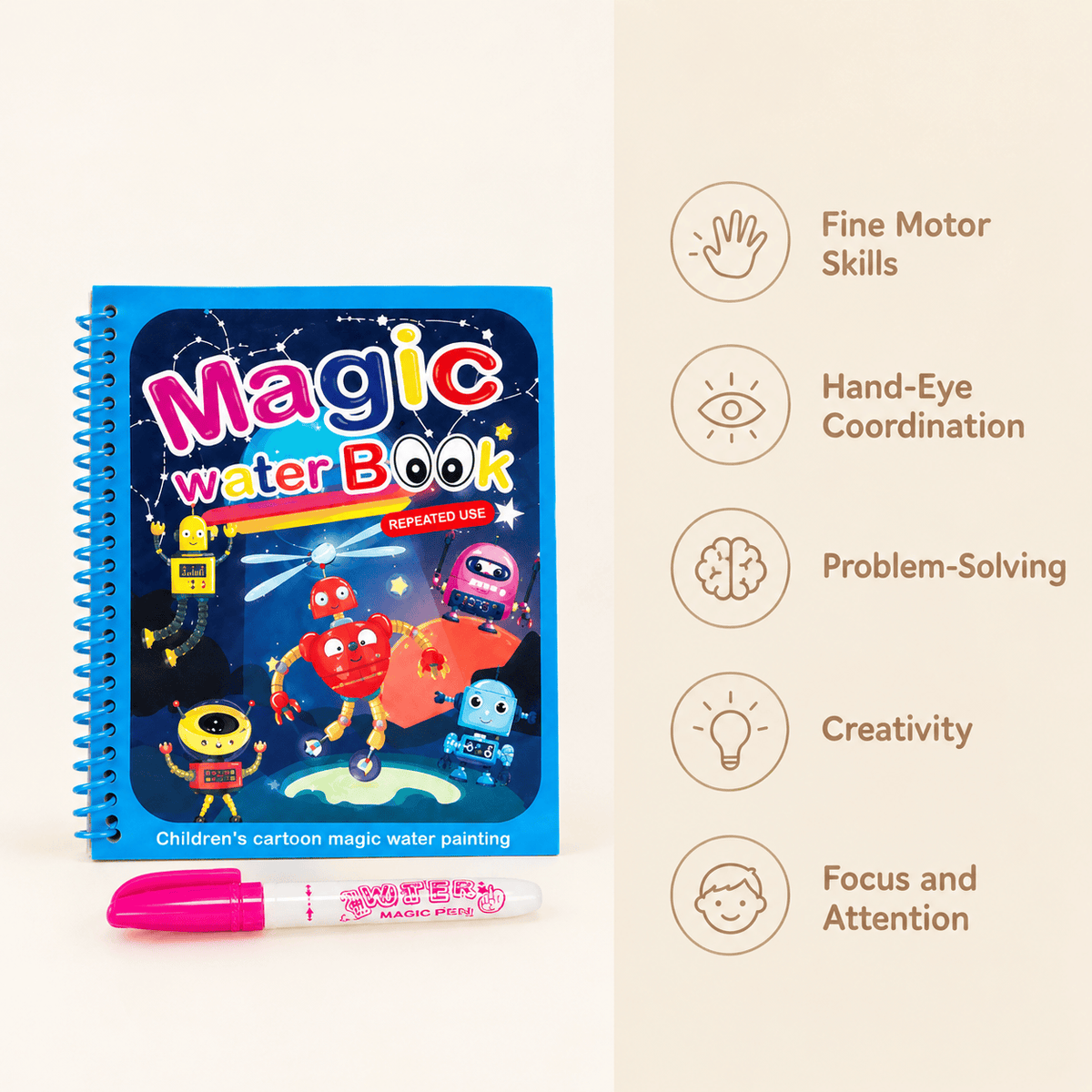 Reusable Water Coloring Book with Robot Theme for Toddlers