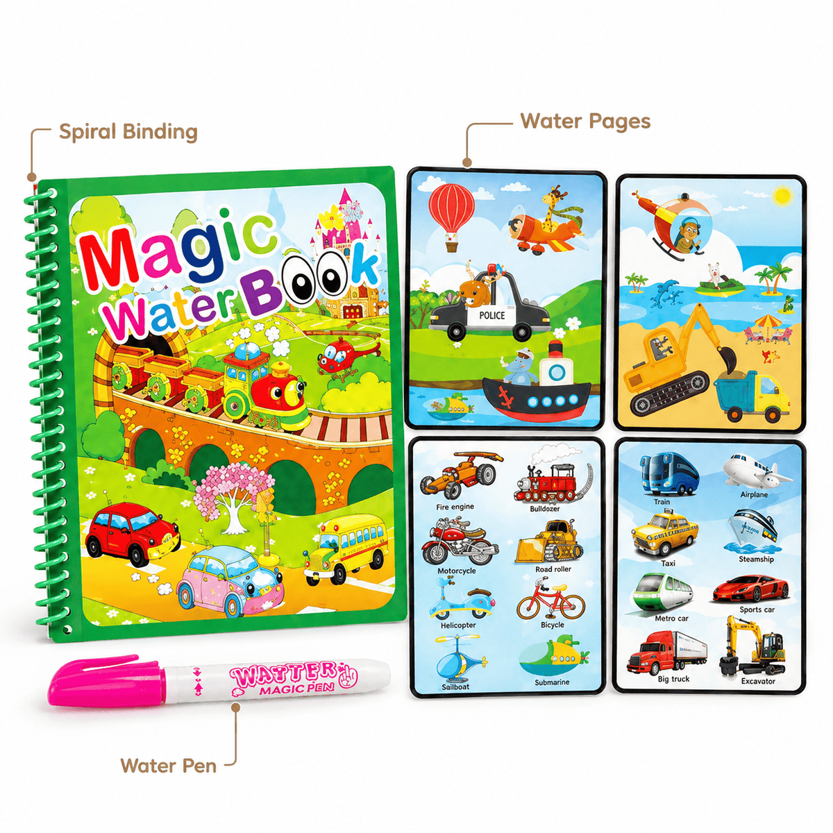 Reusable Water Coloring Book with Vehicles for Toddlers